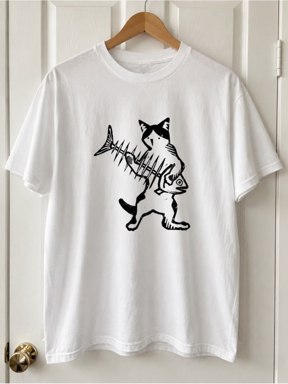 Gildan White Short Sleeve Tee with Black Cat & Fishbone Graphic